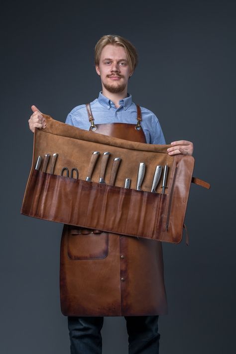 Brown Leather Knife Roll Chef's Premium Quality Accessory - Etsy Leather Knife Roll, Chef Bag, Credenza Decor, Chef Knife Bags, Leather Tool Roll, Knife Blocks, Roll Up Design, Knife Bag, Knife Roll