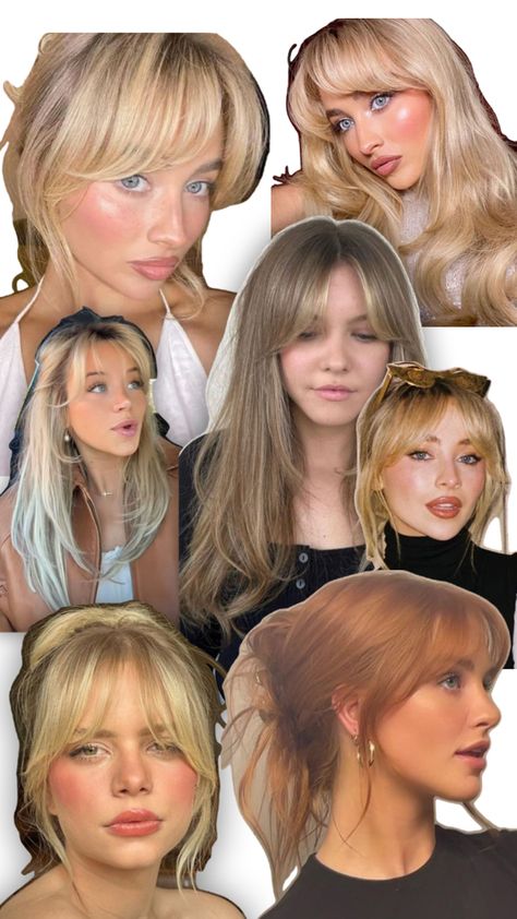 Various women with curtain bangs Bangs And Curtain Bangs, Sabrina Carpenter Bangs, Work Hairstyles, Curtain Bangs, Sabrina Carpenter, Hairstyles With Bangs, Hair Inspo, Hair Stylist, Bangs