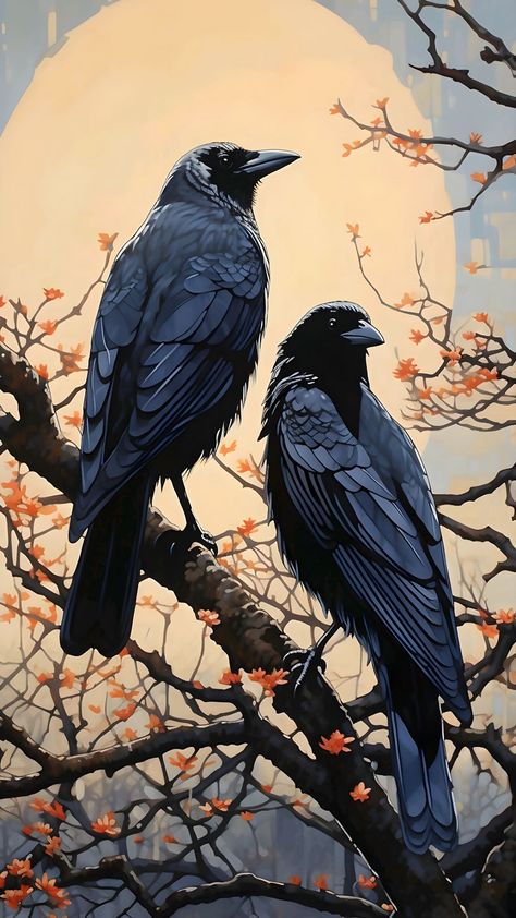 Crow Sitting, Crow Photography, Crows Art, Raven Pictures, Crow Pictures, Wallpaper Birds, Crow Painting, Sky Poster, Flowering Branches