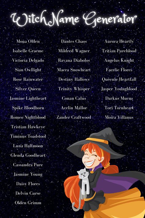 Witch name generator with over 300 spooky witch names to choose. From everyday female and male witch names to evil and good witch names. Names Of Witches, Magic Name Ideas, Witches Names Woman, Magical Last Names For Characters, Magic Last Names, Magical Male Names, Witch Names Generator, English Last Names For Characters, Male Witch Names