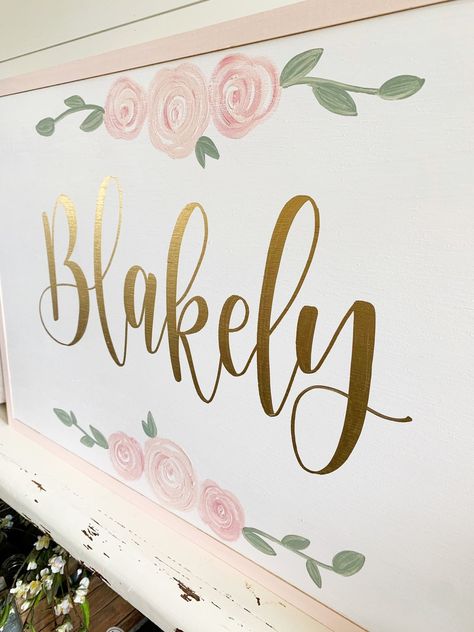 Nursery Name Canvas, Pink Gold Wall, Nursery Name Sign Girl, Painted Name Signs, Preschool Christmas Gifts, Nursery Personalized Wall Art, Girly Nursery, Flower Nursery Decor, Vision 2024