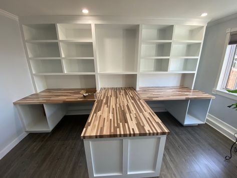 Desk With Built In Outlet, Home Office Built In Desk For Two, Dual Office Setup, Small 2 Person Office, Office For Two People Layout Business, Diy Dual Desk, 2 Person Office Layout Desk Ideas, Office For 3 People, At Home Business Organization