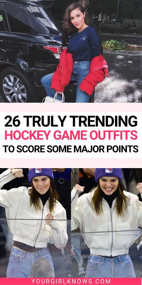 Wondering what to wear to a hockey game? Don't let the cold stand in the way of your style game! We've put together 26 cute hockey game outfits that'll not only keep you warm and cozy, but also make you the center of attention at the rink! Celebrities At Hockey Games, Hockey Rink Outfits Mom, Rangers Hockey Outfit, Hockey Game Attire For Women, Hockey Jersey Outfit Aesthetic, Blackhawks Game Outfit, Fall Hockey Game Outfit, Sports Game Outfit Winter, Florida Panthers Hockey Game Outfit