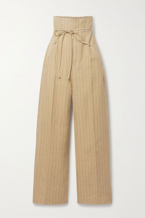 Jacquemus Novio Belted Pinstriped Linen Wide-Leg Pants Feather Gown, Old Sweatshirt, Desi Fashion Casual, Trouser Design, Professional Wardrobe, Wide Leg Linen Pants, Vintage Inspired Dresses, Desi Fashion, Wide Legs