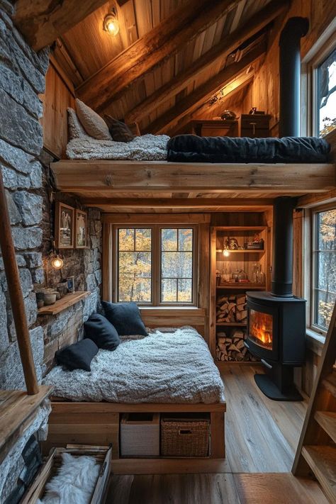 40 Coziest Mountain Homes With Stone Fireplaces Cabin Lodge Aesthetic, Folk Cottage Interior, Cozy Tiny Room, Mountain Cabin Interior Design, Stone Cabins And Cottages, Nature Themed House, Wood House Aesthetic, Rustic House Bedroom, European Cabin