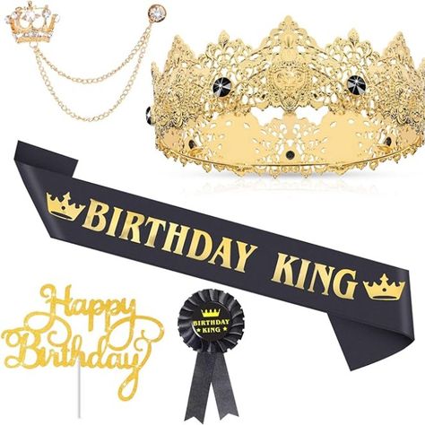 #AD #BDAY #PARTY #KING 5 Pieces Birthday Accessories Include Man Birthday King Crown Birthday King Sash Tinplate Badge Pin Crown Brooch Hanging Chain Men Birthday Crown for Man Birthday Party King Birthday Theme For Men, Golden Bday, Man Birthday Party, Birthday King, 60th Birthday Decorations, King Midas, Crown Brooch, Crown Birthday, Pin Man