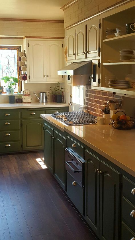 Farmhouse kitchen, brick backsplash, open shelving, green cabinets, quartz countertops Hunter Green Cabinets With Butcher Block, Green Kitchen Cabinet Black Counter, Green Wood Brick Kitchen, Green Lower Cabinets White Upper Butcher Block, Green Cabinet Brick Backsplash, Sage Green Kitchen With Brick, Dark Green Kitchen Cabinets Brick Backsplash, Green Kitchen Cabinets With Brick Backsplash, Green Kitchen Cabinets With Wooden Countertops