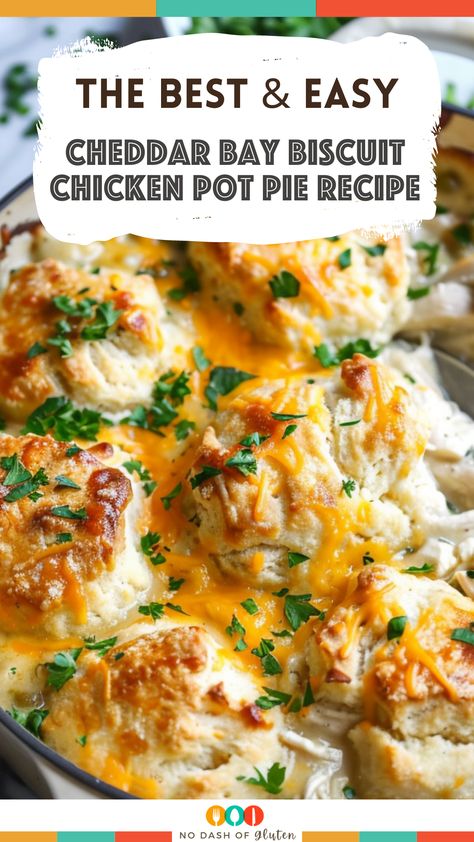 Discover the ultimate comfort food with this Cheddar Bay Biscuit Chicken Pot Pie! Tender chicken, veggies, and a creamy sauce topped with cheesy biscuits. Ready in 40 minutes, this dish is perfect for a cozy family dinner. Save this recipe and try it tonight! Chicken Pot Pie Dumplings, Betty Crocker Chicken Pot Pie, Stew With Biscuits On Top, Chicken And Cheddar Bay Biscuits, Homemade Chicken Pot Pie Topped With Cheddar Garlic Biscuit, Chicken Pot Pie With Cheddar Biscuits, Chicken Pot Pie With Biscuits Crockpot, Chicken Pot Pie With Mashed Potatoes, Chicken Pot Pie Frozen Vegetables