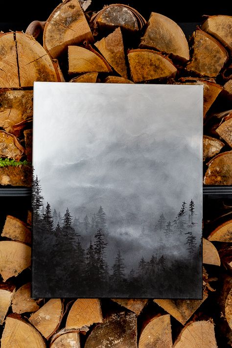 Fog Forest Painting Acrylic, Grey Forest Painting, Foggy Trees Painting Tutorial, Canvas Painting Ideas Forest, Dark Woods Painting, Dark Forest Art Paintings, Misty Trees Painting, Diy Forest Painting, Arcrliyic Painting