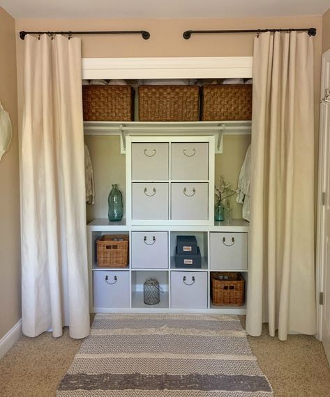 Closet Substitute, Multi Use Closet Organization, Cube Storage Inside Closet, Diy Closet Cube Storage, Temporary Closet Ideas, Make Shift Closet, Closet Makeover With Cube Storage, Mobile Home Closet Ideas, Cube Closet Organization