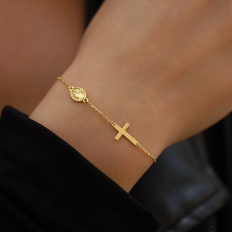 14K Solid Gold Cross Bracelet for Women, Miraculous Medal, Catholic Rosary Bracelets for Women, Religious Bracelet, Graduation Gift - Etsy Crucifix Bracelet, Queen Of Heaven And Earth, Location Names, Gold Cross Bracelet, Catholic Rosary Bracelet, Christian Bracelets, Pretty Jewelry Necklaces, Queen Of Heaven, Catholic Jewelry