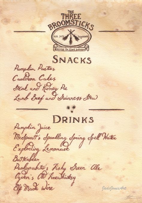 'Three Broomsticks Menu' Menu inspired by the books and films of Harry Potter. Created using watercolour, pencil and ink. https://www.etsy.com/uk/shop/JadeJonesArt 3 Broomsticks, Harry Potter Script, The Three Broomsticks, Jade Jones, Themed Gift Ideas, Harry Potter Rpg, Harry Potter Journal, Imprimibles Harry Potter, Citate Harry Potter