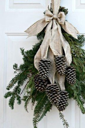 Cedar Tree Wreath, Diy Pine Branch Decor, Pine Cone Door Hanger, Diy Pine Wreath Christmas, Pine Cone Swag Diy, Pine Wreaths For Christmas Easy Diy, Pine Cone Swag, Door Swags Christmas, Pine Swags Christmas Diy