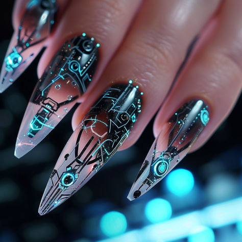 High Tech Futuristic Nail Art, led, circuit, blue, black Futuristic Chrome Nails, Cyberpunk Aesthetic Nails, Dystopian Nails, Sci Fi Nail Art, Circuit Board Nails, Storm Nails Design, Circuit Nails, Cyberpunk Nail Art, Tron Nails