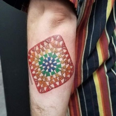 Granny Dave on Instagram: “Today I got this rainbow granny square tattoo. It is extremely special to me for a number of reasons. For those of you that don't know I go…�” Rainbow Granny Square, Square Tattoo, I Got This, Granny Square, Geometric Tattoo, Tatting, Rainbow, Tattoos, Square