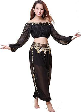 ZLTdream Belly Dance Chiffon Long Sleeves Top and Lantern Coins Pants Black, One Size Belly Dance Pants, Belly Dancer Outfits, Belly Dancer Costumes, Arabian Dress, Hip Scarf, Dancer Costume, Belly Dance Outfit, Dancers Outfit, Dance Pants