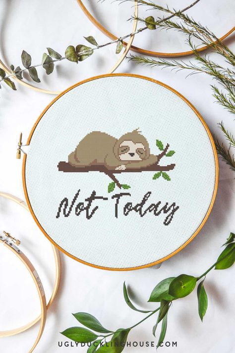 This new cross stitch pattern feels SO appropriate for how I feel lately: just not today! This easy sloth cross stitch pattern features a sleepy sloth relaxing on a tree branch and a general sentiment... The post “Not Today” Sloth | Free Cross Stitch Pattern appeared first on Ugly Duckling House. Sloth Cross Stitch Pattern Free, Sloth Perler Bead Patterns, Sloth Cross Stitch Pattern, Free Cross Stitch Designs, Free Cross Stitch Pattern, Unique Cross Stitch, Easy Cross Stitch Patterns, Cross Stitch Supplies, Bead Embroidery Patterns