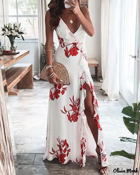 Backless Dress Summer, Ruffle Trim Dress, Dress Sleeve Styles, Maxi Robes, Floral Print Maxi Dress, Ruffled Maxi Dress, Trend Fashion, White Maxi Dresses, Printed Maxi Dress