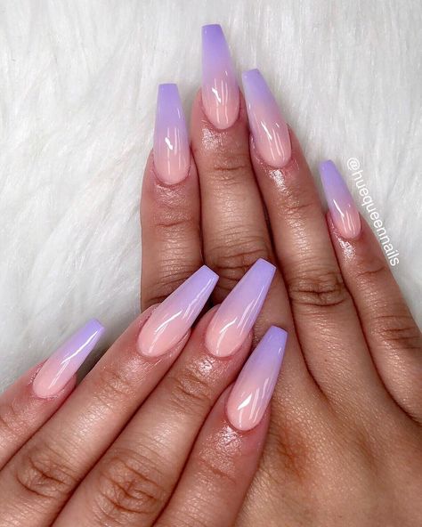 Short Coffin Lavender Nails, Pink And Lavender Ombre Nails, Pink Purple Ombré Nails, Pink To Purple Ombre Nails, Ombre Gel X Nails, Lavender And Pink Nails, Lavender Ombre Nails, Lilac Acrylic Nails, Lavender Acrylic Nails