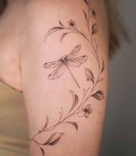 Dragon With Vines Tattoo, Dragonfly Vine Tattoo, Ethereal Dragonfly Tattoo, Dragonfly Wrap Around Tattoo, Dragonfly With Vines Tattoo, Fern And Dragonfly Tattoo, Dragonfly Leg Tattoos For Women, Dragon Fly Shoulder Tattoo, Dragonfly Tattoo Design With Flowers Forearm