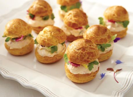 Savory Cream Cheese Profiteroles -- stuffed with a cream cheese, sundried tomato pesto, herb and shallot filling. Profiteroles Recipe, Holiday Party Appetizers, Sundried Tomato Pesto, Food Network Canada, Choux Pastry, Tea Sandwiches, Eclairs, Appetizer Dips, Appetizers For Party