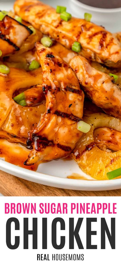 Marinated, grilled, and glazed to perfection, this sweet and delicious Brown Sugar Pineapple Chicken is destined to be a family favorite! #RealHousemoms #brownsugar #pineapple #chicken #chickentenders #marinade #grilled #grilling #tailgating #cookout #campingrecipe Brown Sugar Pineapple Chicken, Pineapple Chicken Breast, Pineapple Marinade, Brown Sugar Pineapple, Grilled Pineapple Chicken, Pineapple Chicken Recipes, Pineapple Glaze, Brown Sugar Chicken, Pineapple Syrup