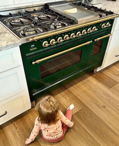 Green Oven Range, Green Kitchen Appliances Aesthetic, Dark Green Kitchen Appliances, Green Range Cooker, Green Oven Kitchen, Colored Stove Kitchen, Pink Stove Range, Colorful Appliances In Kitchen, Green Stove Range