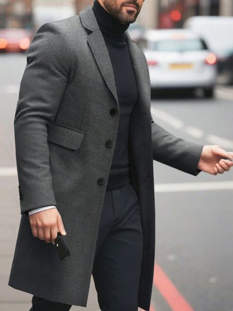 Grey Casual,Work Collar Long Sleeve Woven Fabric Plain Regular Embellished Non-Stretch  Men Clothing Paris Outfit Ideas Winter, Men Suit Casual, Paris Outfit Ideas, Men Workwear, Men's Business Outfits, Overcoat Men, Mens Business Casual Outfits, Classy Suits, Smart Casual Men