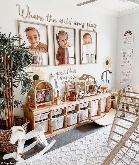 Natural Playroom Decor, Playroom Ideas For Grandmas House, Chic Playroom Ideas, Play Room Set Up Boys, Rockwall In Playroom, Playroom In Bedroom, Playarea Kids Livingroom, Aesthetic Playroom Ideas, Children’s Playroom Ideas