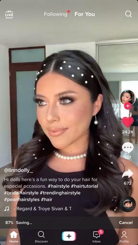 Pearl Slick Hair, Front Slicked Back Hair Down With Gems, How To Put Diamonds On Hair, Slick Front Hair Down With Rhinestones, Semi Prom Hairstyles, Straight Hairstyles With Pearls, Slicked Back Hair With Gems, Slick Back Front Pieces Hair Down With Gems, Half Slicked Back Hair With Pearls