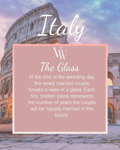 In Italian wedding tradition, breaking glass has a lot of symbolic meaning. Italian Wedding Traditions Ceremony, Italian Wedding Traditions Ideas, Italian Wedding Blessing, Italian Wedding Traditions, Roman Wedding, Wedding Superstitions, Vows Ideas, The Vow, Wedding Blessing