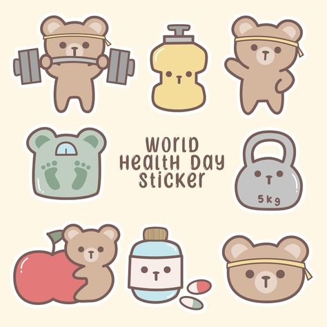 Healthy Stickers, Health Doodles, Health Stickers, Running Bear, Gorgeous Images, Creative School Project Ideas, Stickers Ideas, Workout Inspo, Arm Day