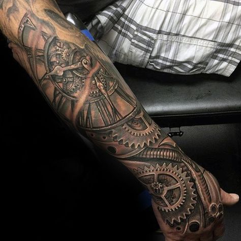 Mechanical Gear 3d Hand Tattoo Ideas For Males Gears Tattoo Sleeve, Macanical Tattoo, Gear Tattoo Mechanical, Pattern Hand Tattoo, Engine Tattoo Mechanical, Clock Gears Tattoo, Mechanical Hand Tattoo, Biomechanical Tattoo Arm, Gears Tattoo