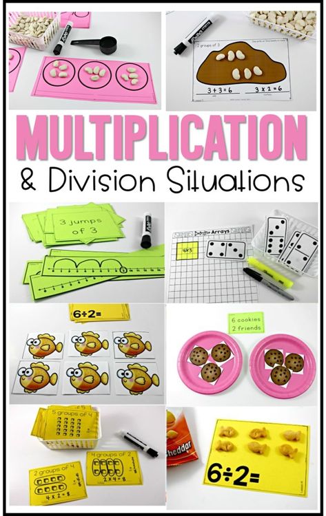 Hands-on, engaging math multiplication and division lessons, ideas, activities, workstations, stations, and centers. Ways to teach beginning multiplication and division situations to second grade and third grade!  To learn more about "multiplication and division situations second grade", visit www.tunstallsteachingtidbits.com Multiplication Lessons, Beginning Multiplication, Maths Multiplication, Teaching Division, Division Activities, Learning Multiplication, Multiplication Activities, Teaching Multiplication, Math Division