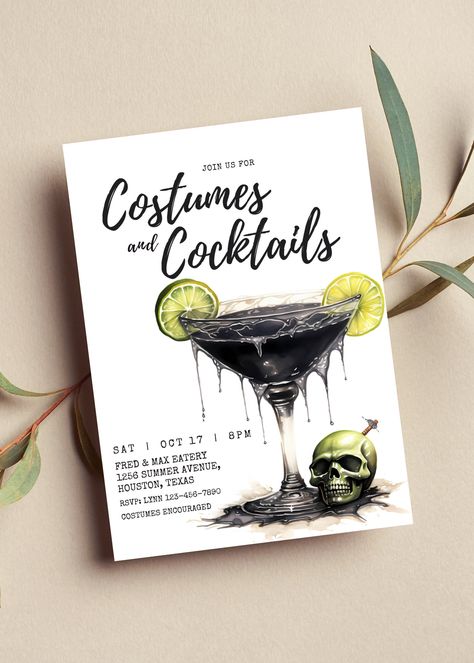 Editable costumes and cocktails invitation perfect for your next halloween party. This halloween themed invitation can be edited yourself using Canva. If you choose to print yourself the print size is 5x7 and can be printed on cardstock invitation paper. You can also have the completed file taken to your local print shop and have them print. Can also be saved as an image to use as a text invitation or email invitation. All the wording is editable. Details:  costumes and cockatails Halloween invitation with Halloween cocktails HOW IT WORKS: ♥ Once purchased, you will receive a link that will take you to Canva.com where you will be able to edit the template. You will be able to edit wording, font, and font size, Save your template and download. You can use these downloads to print, email or Costumes And Cocktails Party, Halloween Work Party, Halloween Cocktail Party Invitations, Cocktails Invitation, Costumes And Cocktails, Jump Party Invitations, Adult Halloween Party Invitations, Halloween Cocktail Party, Cocktail Party Themes