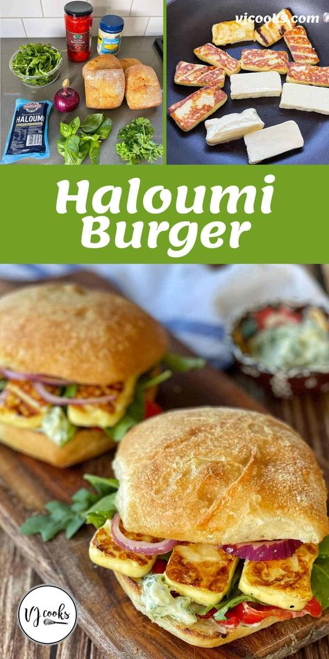 Halloumi Recipes, Haloumi Recipes, Vegetarian Burger Recipe, Vegetarian Burgers, Vj Cooks, Roasted Capsicum, Burger Bun, Grilled Halloumi, Gluten Free Buns