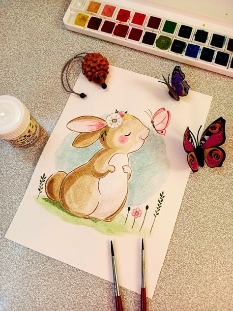 Watercolor painting Bunny Drawing Watercolor, Bunny Watercolor Tutorial, Watercolor Bunny Easy Tutorial, Bunny Paintings, Bunny Brushing Hair Painting, Watercolor Bunny With Flowers, Bunny Painting, Watercolor Painting, Watercolor Art