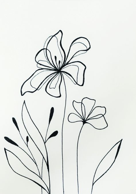 Linear Flower Drawing, Funky Flowers Drawing, Boho Flower Drawing, Flower Line Drawing Simple, Minimal Flower Drawing, Line Work Flowers, One Line Flowers, Line Drawing Ideas, Figure Line Drawing