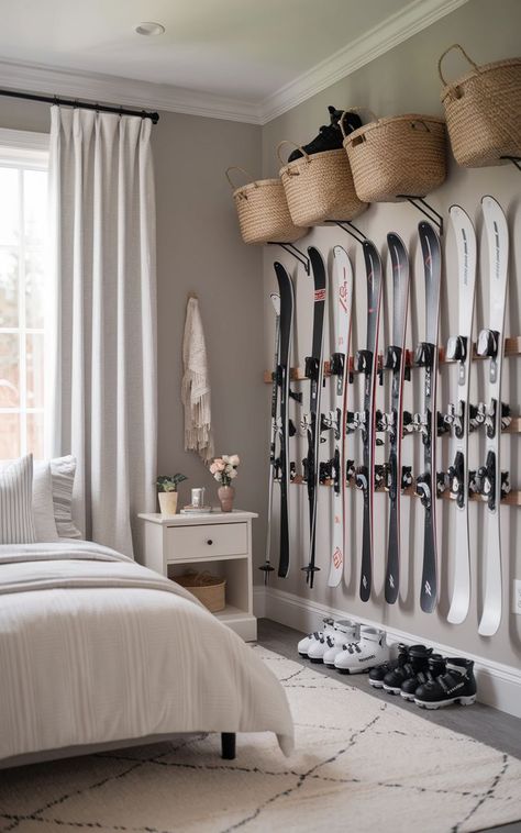 A minimalist ski gear room with neatly arranged ski equipment and clean lines. Ski Gear Storage, Ski Equipment Storage, Gear Room, Gear Storage, Ski Storage, Ski Equipment, Equipment Storage, Garage Storage Organization, Ski Gear