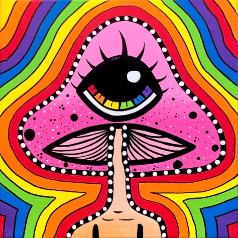 Mushroom Eye Painting, Earthy Art Paintings, Trippy Acrylic Painting Ideas, Trippy Canvas Painting Ideas Creative, Earthy Drawings, Third Eye Art, Rainbow Mushroom, Trippy Patterns, Trippy Backgrounds