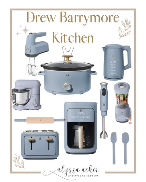 Blue retro pastel kitchen appliances from drew barrymore beautiful kitchen collection Light Blue Kitchen Appliances, Korean Kitchen Appliances, Pretty Kitchen Appliances, Drew Berry More Kitchen Appliances, Blue Appliances Kitchen, Colored Kitchen Appliances, Beautiful Kitchen Appliances, Drew Barrymore Kitchen Line, Matching Kitchen Appliances