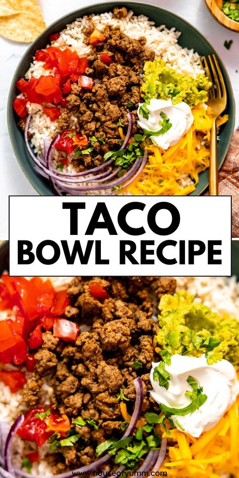 This Taco Bowl recipe is a fun twist on a traditional taco. Ground beef taco meat layered on cilantro lime rice and all your favorite taco toppings. This easy and delicious meal will become a new family favorite. Taco And Rice Bowl, Tacos In A Bowl, Taco Bowl With Rice, Taco Variations Ground Beef, Loaded Taco Bowl, Healthy Ground Beef Taco Bowls, Tex Mex Bowls, Taco Bowl Recipe Beef, Easy Taco Bowl Recipe