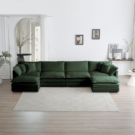 Description: Elevate your living space with this U Shaped Couch featuring a reversible chaise and double ottomans. Sectional Couch Living Room, Green Sectional Sofa, Deep Sectional Sofa, Loft Vibes, Green Sectional, Green Couch Living Room, Shaped Couch, Deep Couch, U Shaped Couch