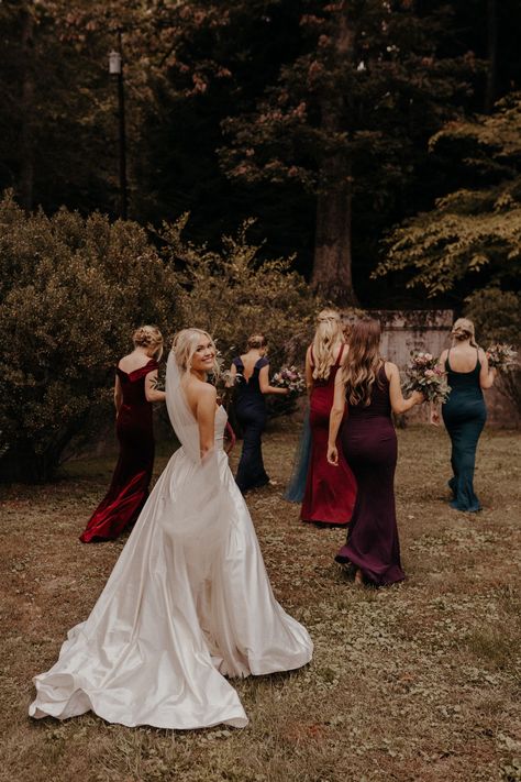 Twilight Wedding Bridesmaid, Jewel Tone Wedding Dress Code, Mismatched Autumn Bridesmaid Dresses, Dark Bridesmaid Dresses Fall, Moody Jewel Tone Wedding Bridesmaids, Mismatch Winter Bridesmaid Dresses, Moody Fall Wedding Bridesmaid, Witchy Wedding Bridesmaid Dresses, Dark Fairytale Wedding Bridesmaid