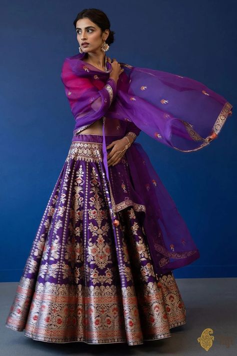 Ditch Red For These Trending Lehenga Colors This Monsoon Wedding Lehenga Colors, Trending Lehenga, Monsoon Wedding, Purple Lehenga, Brocade Lehenga, Banarasi Lehenga, Mehendi Outfits, Color Outfits, Reception Lehenga