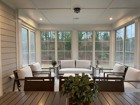 20x20 Sunroom Addition, Screened In Porch To Sunroom, Sunroom Conversion, Porch To Sunroom Conversion, Porch To Sunroom, Sunroom Inspiration, Sunroom Patio, Cozy Sunroom, 3 Season Porch