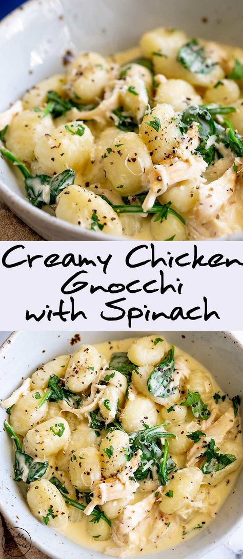 Creamy Chicken Spinach Gnocchi, Chicken Gnocchi Spinach, Baked Chicken And Gnocchi, What To Eat With Gnocchi, Gnocchi Spinach Recipes, Quick Fresh Dinner Ideas, Gnocchi Meal Ideas, Easy Gnocchi Recipes Simple, Dinner Ideas Gnocchi