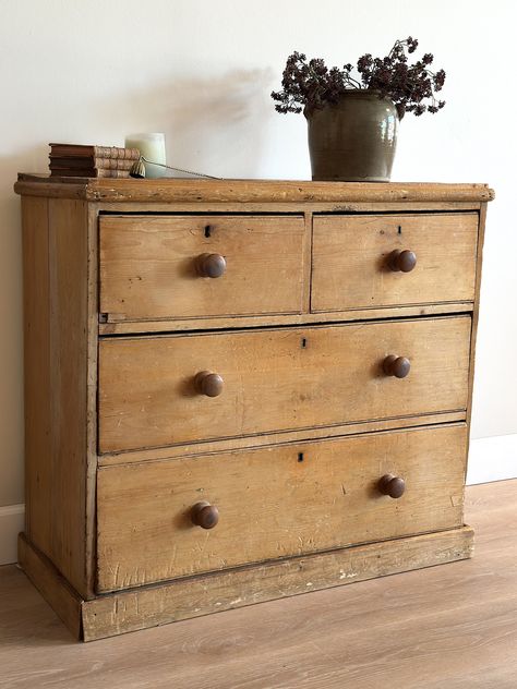 A antique English pine dresser with wonderful wood tone and patina. Please note the draws do stick a bit and could benefit from sanding. Slight chip to bottom left corner of top drawer and age related wear. approximate dimensions: - width: 38.25 inches - depth: 16.75 inches - height: 34.75 inches **Due to the unique antique and vintage nature of our pieces, all sales are final and sold as is. Our items are one-of-a-kind and can have wear consistent with age, including nicks, cracks, and patina w Antique English Pine Dresser, Antique Pine Chest Of Drawers, Pine Chest Of Drawers Makeover, Sanded Furniture, Small Dresser Makeover, Wood Antique Furniture, Farmhouse Credenza, Arizona Bedroom, Pine Furniture Makeover