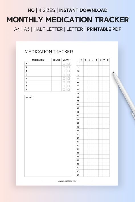 Pill Tracker, Habit Tracker Printable Monthly, Medical Printables, Medical Binder, Medical Theme, Bullet Journal Ideas Templates, Medication Tracker, Habit Tracker Bullet Journal, Health Medicine