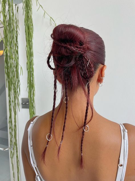 Hair Up Styles Braid, Messy Bun With Plait, Bun Hairstyle With Braid, Cool Plaits Hairstyles, Hoops In Braids, Hoops In Hair, Braided Hairstyle Straight Hair, Plait Bun Hairstyles, Hairstyle With Rings